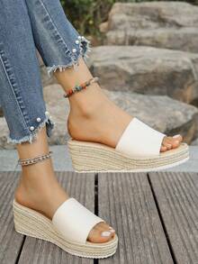 Women's Straw Wedge Rope Open Toe Slippers, Thick Sole Elevated Platform Sandals For Summer Outdoor Wear - Beige - View 6