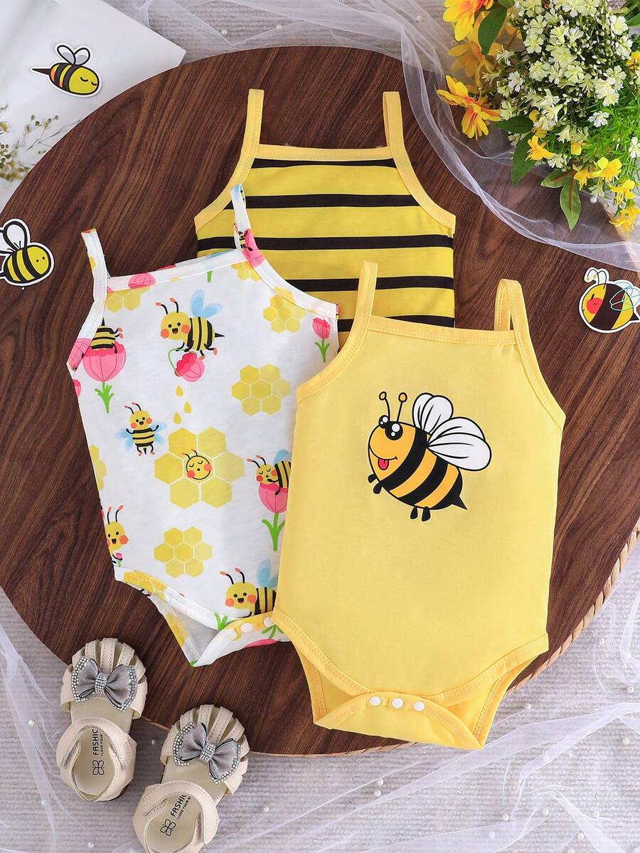 3pcs Baby/Baby Girl Summer Sleeveless Cute Cartoon Bee & Floral Print Bodysuit Set