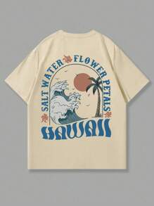 Men's Casual Vacation Palm Tree & Slogan Print Short Sleeve T-Shirt, Suitable For Summer, Breathable & Comfortable, Design