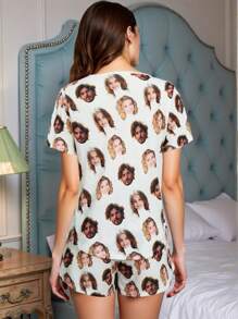 2pcs Customized Women Short Sleeve Shorts Pajama Set, With Personalized Photo, Portrait, Caricature Face Replacement, Lightweight Breathable Comfortable Fabric, Gift For Friends, Lovers, Partners, Party, Birthday, Christmas, Mother's Day, Includes 1 Eye Mask