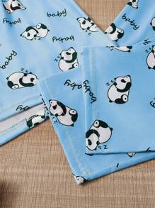 Conjunto de pijama de 3 piezas con estampado de panda, que incluye camiseta de manga corta de cuello redondo, shorts de cintura elástica, pantalones casuales, ropa de dormir y de estar en casa cómoda para mujer