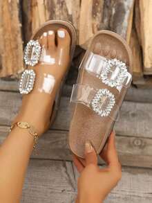 平底凉鞋，户外，沙滩，休闲，软底，足弓支撑，透明，水钻装饰，可调节带扣拖鞋 - 無色 - 查看 6