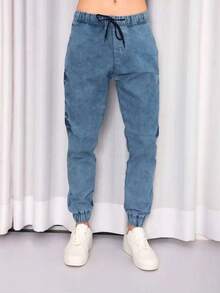 Men's Jogger Pants Twill With Elastic Waist Cuffs - 藍色 - 查看 1
