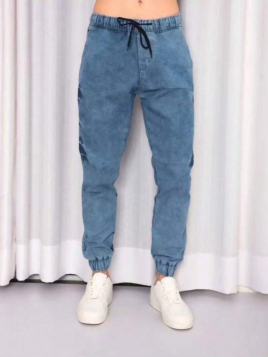Men's Jogger Pants Twill With Elastic Waist Cuffs - 藍色 - 查看 1
