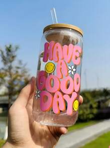 1 pieza, Vaso de vidrio con forma de lata de 16 onzas con tapa y pajita - perfecto para café con hielo, cerveza, jugo y leche - excelente regalo de cumpleaños y vajilla para disfrutar de un buen día