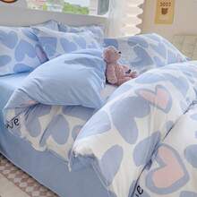 4 件套芦荟棉卡通心形图案床上用品套装，1*床单+1*羽绒被套+2*枕套，不含枕芯/被子填充物，亲肤、柔软舒适、简约设计 - 淺藍色 - 查看 2
