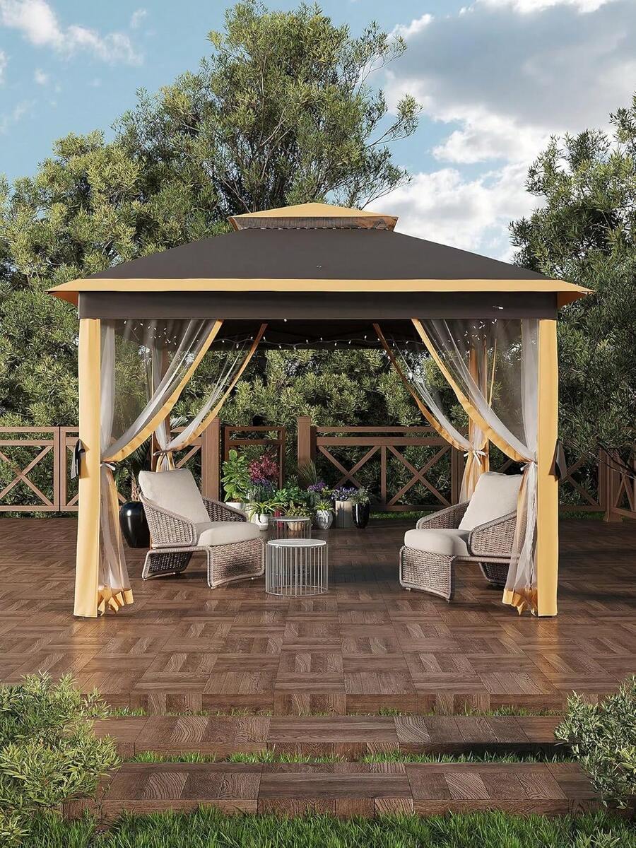 11'x11 Pop-Up Gazebo, Instant Outdoor Canopy Tent With Mosquito Nettings, Durable Steel Frame, Water, And UV Proof, For Patio, Garden, Courtyard, Party - 卡其色 - 查看 1