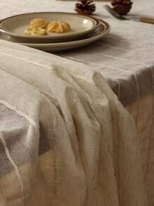1pc Thickened Striped Linen Tablecloth With Tassels, Countryside Style Decor - Beige - View 3