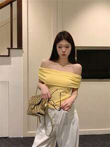 RUIWY 女式褶皱腰短袖纯色 T 恤，露肩独特短款针织上衣，春夏 - 黃色 - 查看 3