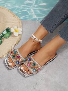 Women's Luxury Rhinestone Strap Slipper, Square Toe Flat Leather Sandals, Casual Summer Party Valentine's Day Gift Lady Shoes - Silver - View 3