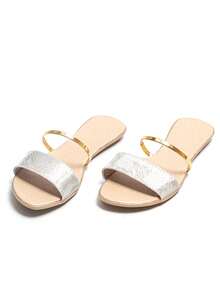 Sandalias planas de verano para mujer, chanclas planas con doble tira de cristal,  de color metálico con diseño  Sandalias , atractivo Sandalias - Plateado - Ver 2