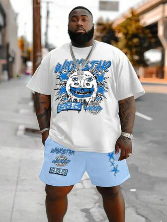 Lonblece 2pcs/Set Men's Plus Size Graphic Print Short Sleeve T-Shirt & Breathable Shorts, Suitable For Daily Wear In Spring/Summer