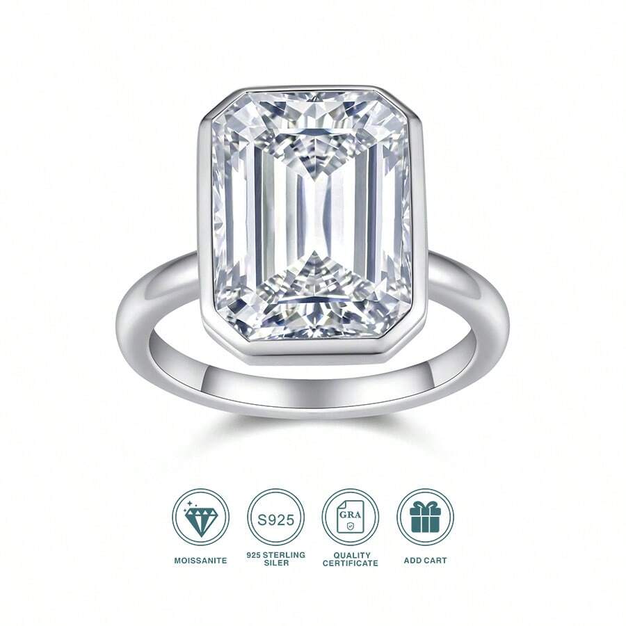 1pc 10x14mm Octagon Moissanite Ring, Fashionable & Elegant 925 Sterling Silver Plated 18K Gold, Prong Setting, Hypoallergenic Nickel-Free Design, Closed Size 5/6/7/8/9, Suitable For Engagement, Mother's Day, Wedding & Special Occasions, Comes With GRA Certification