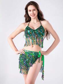 Colorful Sequined Tassel Halter Bra And Waist Chain Set - Belly Dance Stage Show And Nightclub Party - Multicolor - View 11