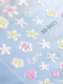 قطعة واحدة من ملصق الأظافر ذو البعد الخامس بتصميم أزهار البحر الصيفية ذات البتلات الوردية والصدف والنجوم البارزة، تزيين فني لأظافر منعم وكاواييي ذاتي اللصق، مستلزمات فن الأظافر DIY