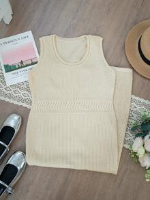 U-Neck Hollow Out Strap Dress, Casual Minimalist Elegant Waist Design Vacation Style Sweater Dress For Women, Autumn - Apricot - View 10