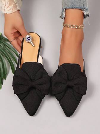 女士尖头蝴蝶结半露背穆勒鞋，优雅休闲平底一脚蹬鞋，黑色，春秋甜美蝴蝶结拖鞋
