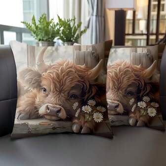 1 st/2 st Highland Cow kuddfodral, 18x18 tum, bedårande djurtema, modern stil, polyester, dragkedja, maskintvättbar, dekorativa kuddfodral för vardagsrumssoffa och inredning i sovrummet
