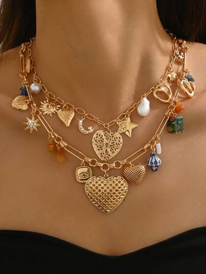 1pc Fashionable Gold Star & Moon Rhinestone Heart Ceramic, Glass Beads, Natural Stone Pendant Necklace For Women, Suitable For Party, Street, Holiday Wear, Gift, Can Be Worn Layered Or Purchased Individually. Each Enamel Bead Is Randomly Colored As It Is Handmade Through Glass Firing.