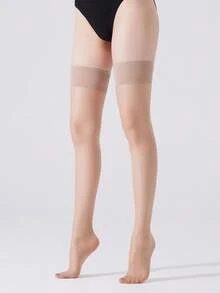 2双女士超薄透明过膝袜，舒适保暖 - 米色 - 查看 4