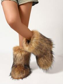 Women's Faux Fur Boot Furry Fluffy Round Toe Suede Winter Comfy Plush Warm Short Outdoor Indoor Flat Shoes Mid-Calf Boots