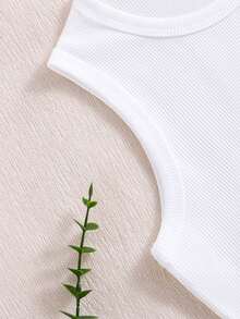 1pc Girls Casual Minimalist Butterfly Pattern White Rib Knit Round Neck Camisole, Simple Summer Clothes For Tween Girl - White - View 4