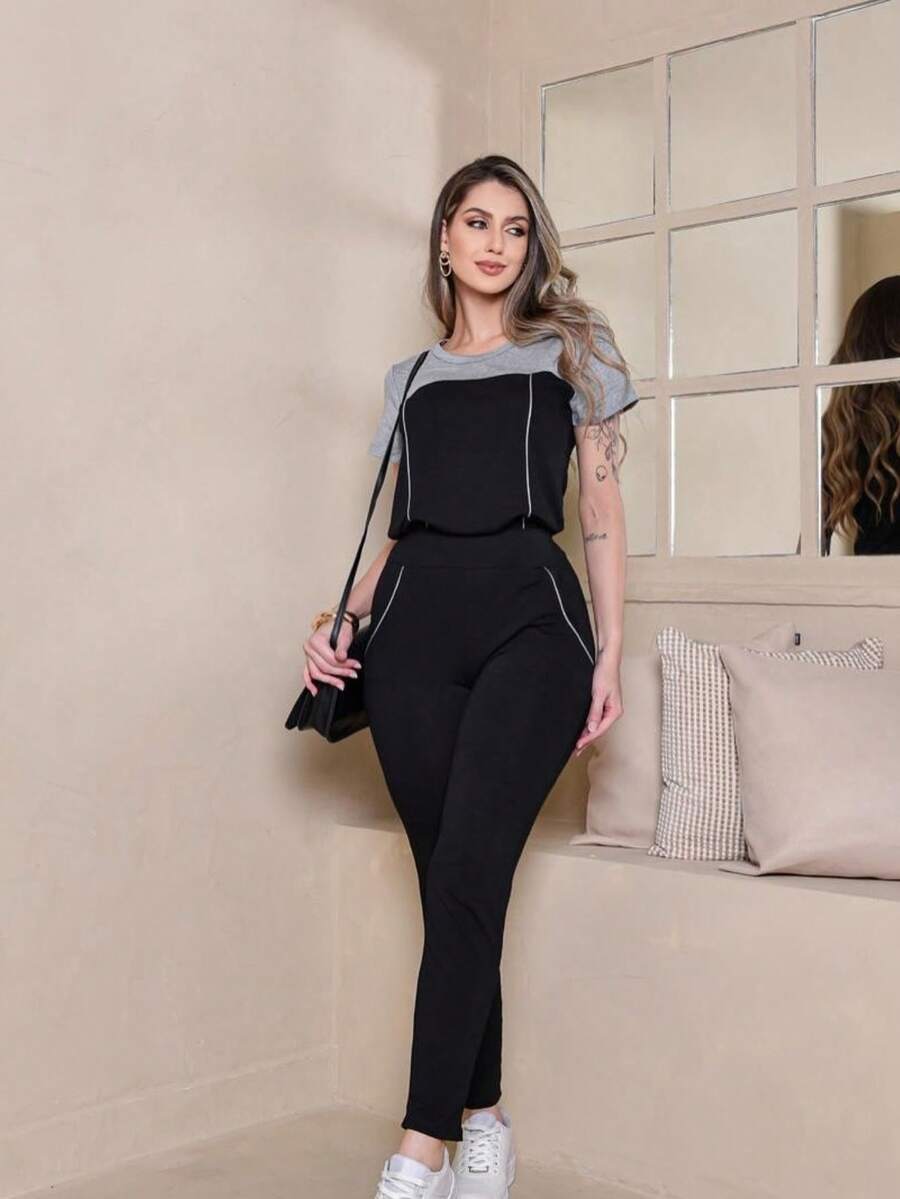 Women's Set Of Pants And Sweatshirt Sleeves, Chic Casual - Black - View 1