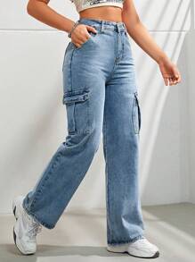 Calça Cargo Denim Casual e Estilosa com Vários Bolsos para Uso Diário Feminino