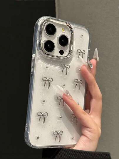 Simple Silver Textured Small Bow & Metal Beads Metal Photo Frame Design Phone Case Compatible With IPhone 17/17Air/17Pro/17ProMax/16/15/14/13/12/11/X/XS/XR/Mini/Pro Max/Pro/Plus TPU Full Package Soft Case