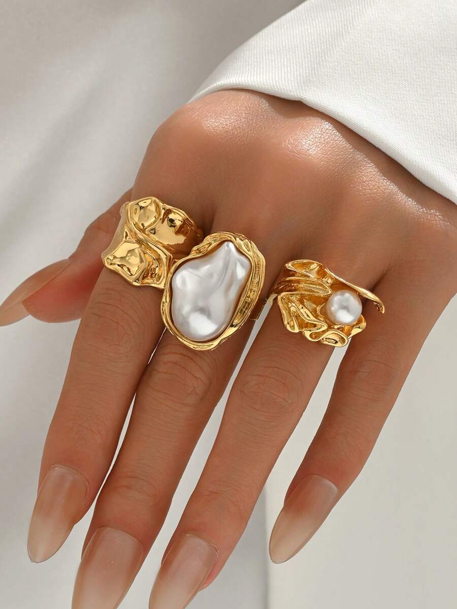3pcs/Set Retro Metal Elegant Faux Pearl Inlaid Design Rings, Can Be Worn Separately Or Combined, Suitable For Women's Daily Outfit Decor, Dates, Gatherings, Parties - 3-piece Ring Set - View 1