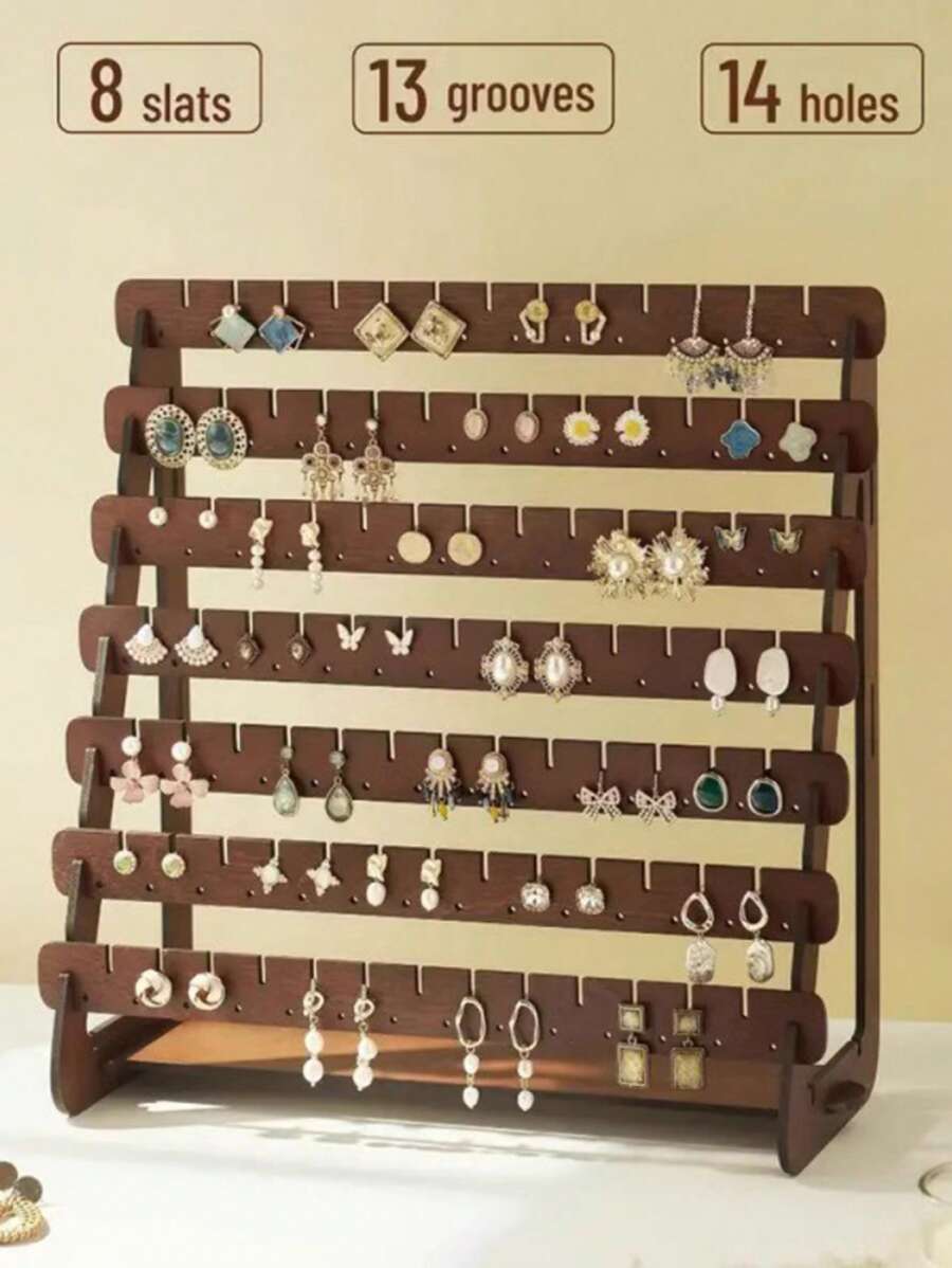 1 Pc Wooden Walnut Color Simple & Fashionable Multi-Layer Earring Organizer Rack, Jewelry Display Stand For Earrings & Summerhouse Storage Organizer Gift Back To School