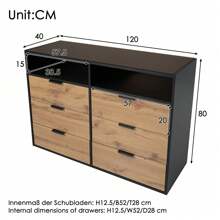 Sideboard With High-Quality Glass And Wood Veneer, 6 Drawers, Stable Structure, Easy To Clean