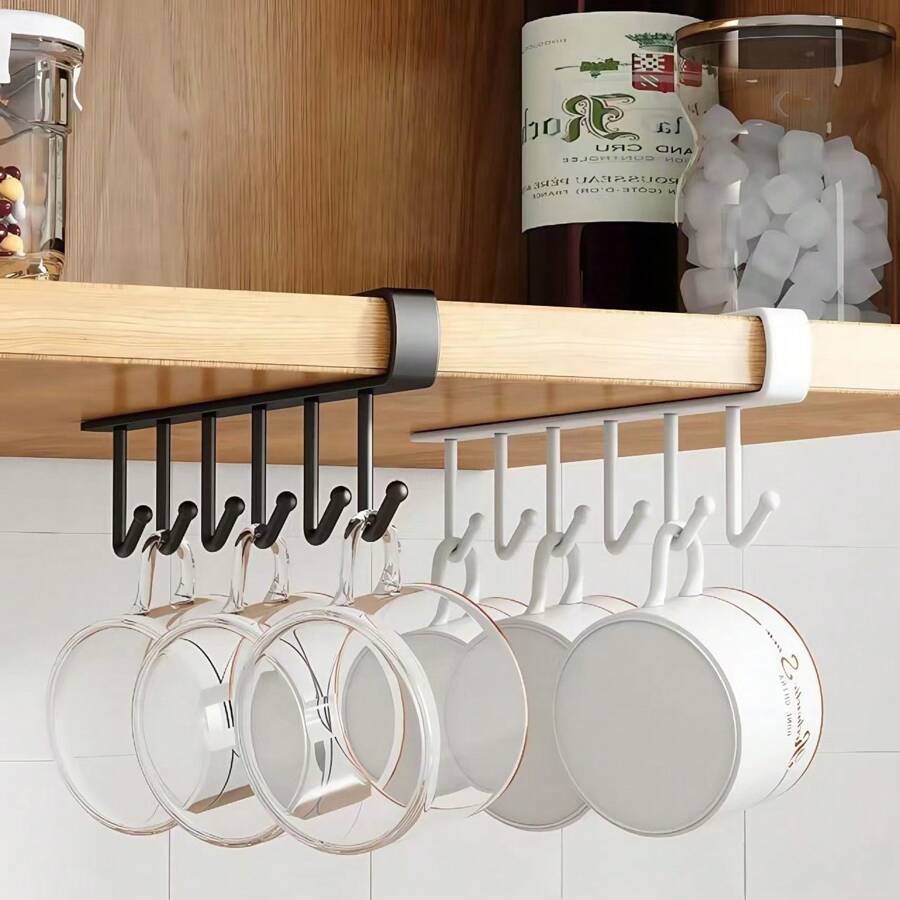 Mug Hooks Under Shelf Cups Holder, No Drilling Cup Rack Mug Storage For Kitchen Belt Scarf Hanger Rack, Suitable For Flat Cabinets Without Lip Edge