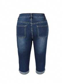 女士优雅通勤风卷边做旧七分牛仔裤，秋季款 - 藍色 - 查看 2