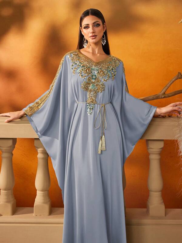 AmazingHoney Luxurious Blue Embellished Long Wide-Sleeve Kaftan Elegant Middle Eastern Style Gown,Arabic Dresses For Women, Modest