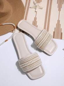 Women's Plus Size Slip-On Rhinestone Decorated Flat Sandals, Casual & Versatile Summer Outdoor Plastic Slippers - Beige - View 6