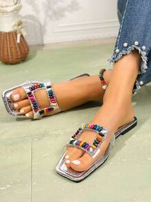 2025 New See-Through Crystal Rhinestone Embellished Square Buckle Sandals, Fairy Style - Silver - View 2
