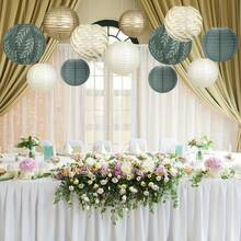 15pcs/10 Pcs Green, White & Gold Round Hanging Paper Lanterns Decorations, Rustic Wedding Birthday Party Decor Round Paper Lanterns Decoration, Gold/Ivory/Green-Grey Color, Hanging Paper Lanterns Suitable For Country Party - Multicolor - View 7