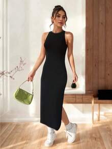 Long Fitted Off-The-Shoulder Dress With Leg Opening And Open Back - 黑色 - 查看 3