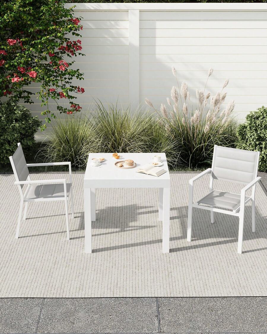Patio Stackable Chairs Set Of 2, Outdoor Aluminum Stacking Dining Chairs With Textilene Fabric For Outdoor, Patio, Deck, Backyard - White+Light Grey - View 1