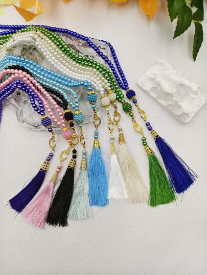 1 pieza Cuentas de oración de 99 cuentas de vidrio y perlas falsas con borla, decoración de pared de moda de Oriente Medio, pulsera de rosario de oración diaria, adecuada para oración, regalos de fiesta, uso diario
