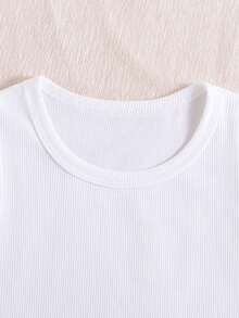1pc Girls Casual Minimalist Butterfly Pattern White Rib Knit Round Neck Camisole, Simple Summer Clothes For Tween Girl - White - View 3