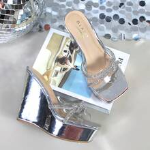 Women's Double Bowknots Crystal Sandals Clear Slingback Heels Square Toe Low Block Chunky Heels Sandals Wedding Party Dress Pumps Shoes WEGO-2 - 銀色 - 查看 5