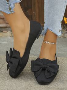 Women's Bow Square Toe Wide Fit Ballerina Flats, Comfortable Slip-On Loafers, Elegant For Spring/Summer Everyday, Office, Commuting, Black Wide Width Shoes