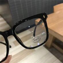 1pc Fashion Retro Non-Prescription Glasses, Large Frame Rectangle Black Eyeglass Frame For Nearsighted, Suitable For Round Face