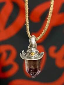1pc Women Exclusive Vintage Hexagonal Pillar Pendant Necklace With Natural Stone Witch Hat Charm, Simple Personalized Choker For Halloween Party