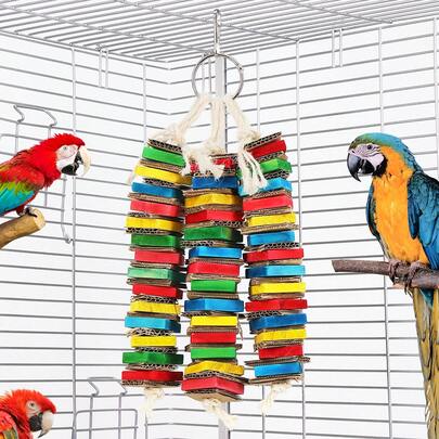 3pcs Colorful Wood Block & Paper Shredding Parrot Chewing Toys, Suitable For Parrots & Other Birds, Intelligent, Detachable Bird Cage Decor