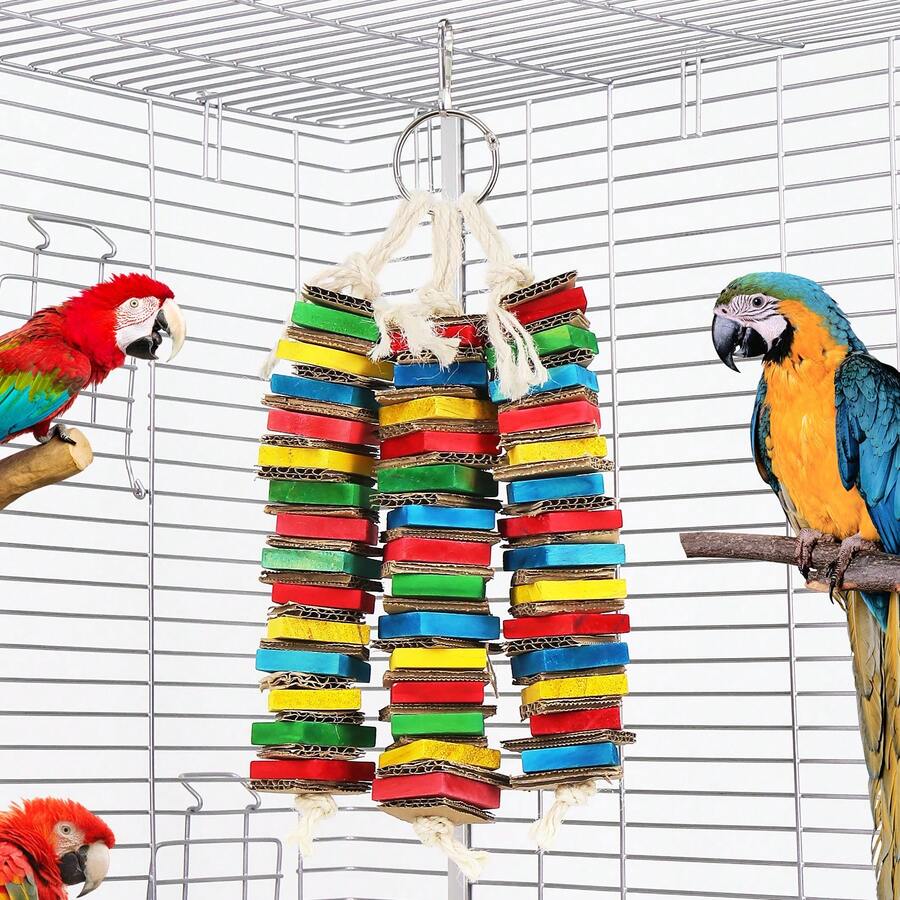 3pcs Colorful Wood Block & Paper Shredding Parrot Chewing Toys, Suitable For Parrots & Other Birds, Intelligent, Detachable Bird Cage Decor - Multicolor - View 1
