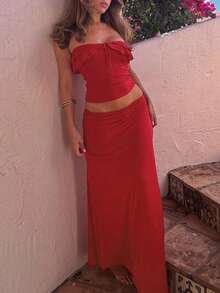 女士优雅纯色荷叶边抹胸裙休闲性感度假夏季派对街头装两件套