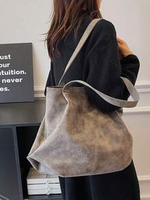 大容量手提包，复古仿皮手提包，带前置口袋，适合工作和旅行 - 卡其色 - 查看 8